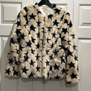 Chaser Cream w Navy Star Faux Fur Jacket, Size Large
